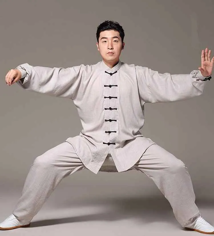 Men's chinese Kung Fu clothes linen material Taichi Sports fitness wush martial practice uniforms
