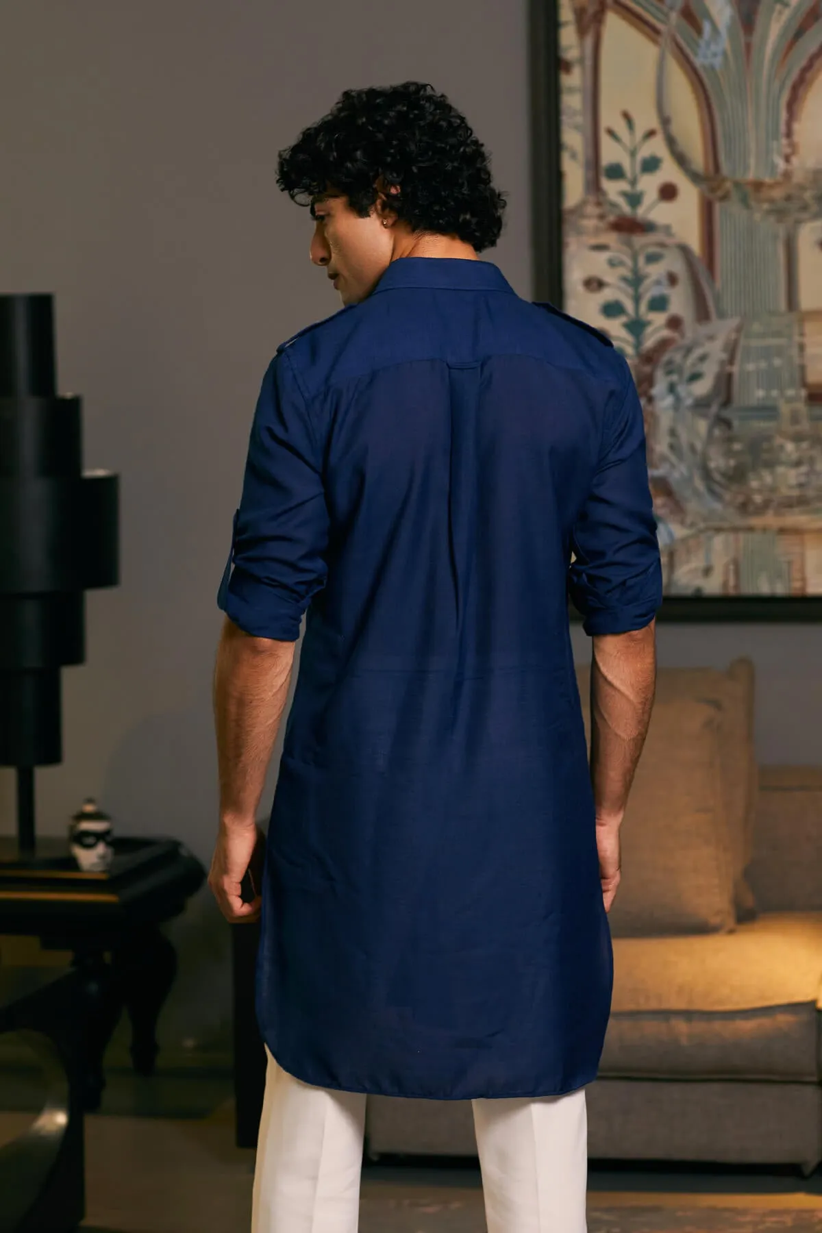 Midnight blue blended linen pintuck kurta