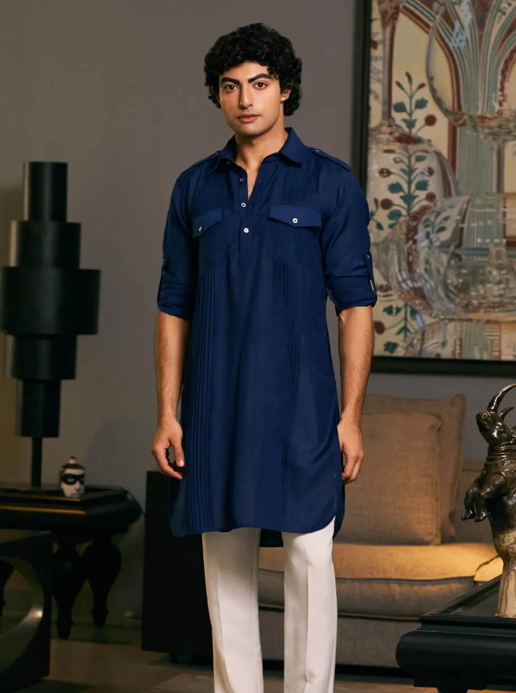 Midnight blue blended linen pintuck kurta