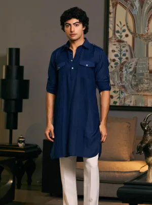 Midnight blue blended linen pintuck kurta