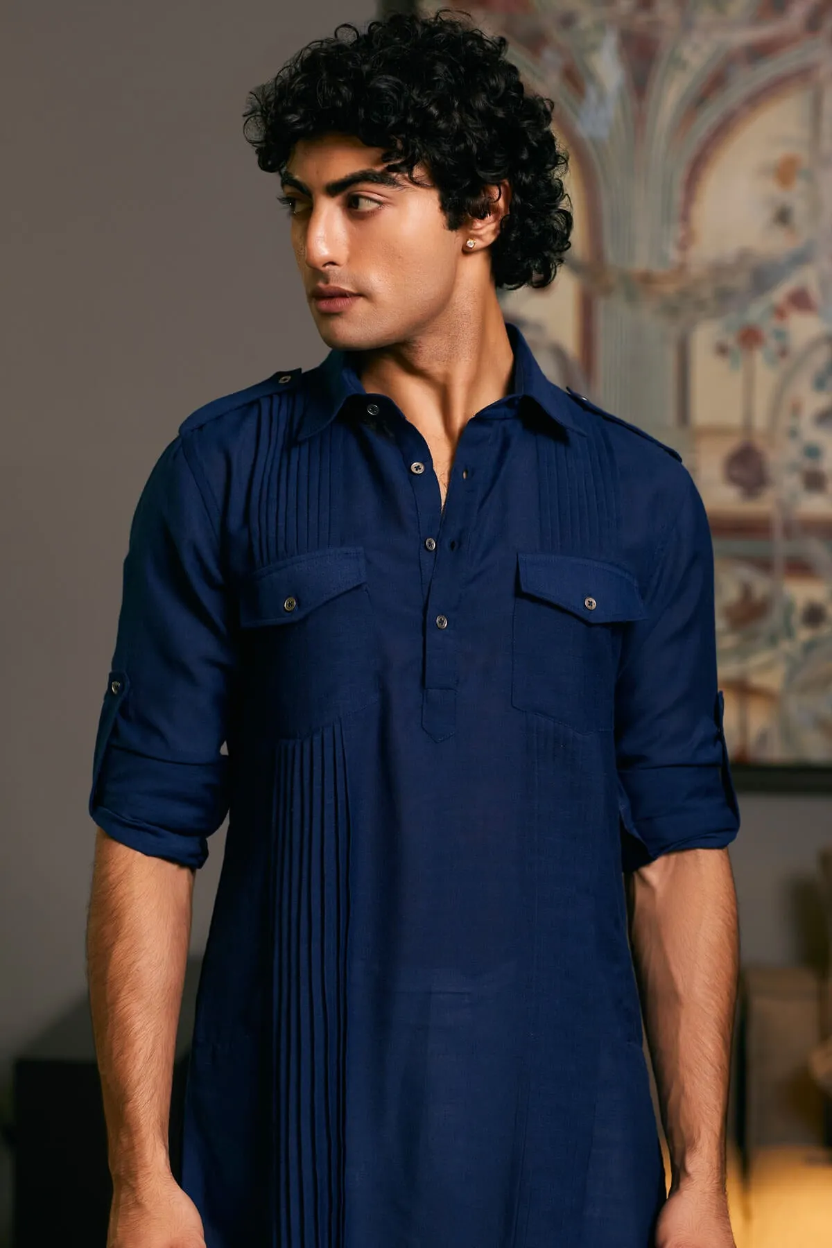 Midnight blue blended linen pintuck kurta