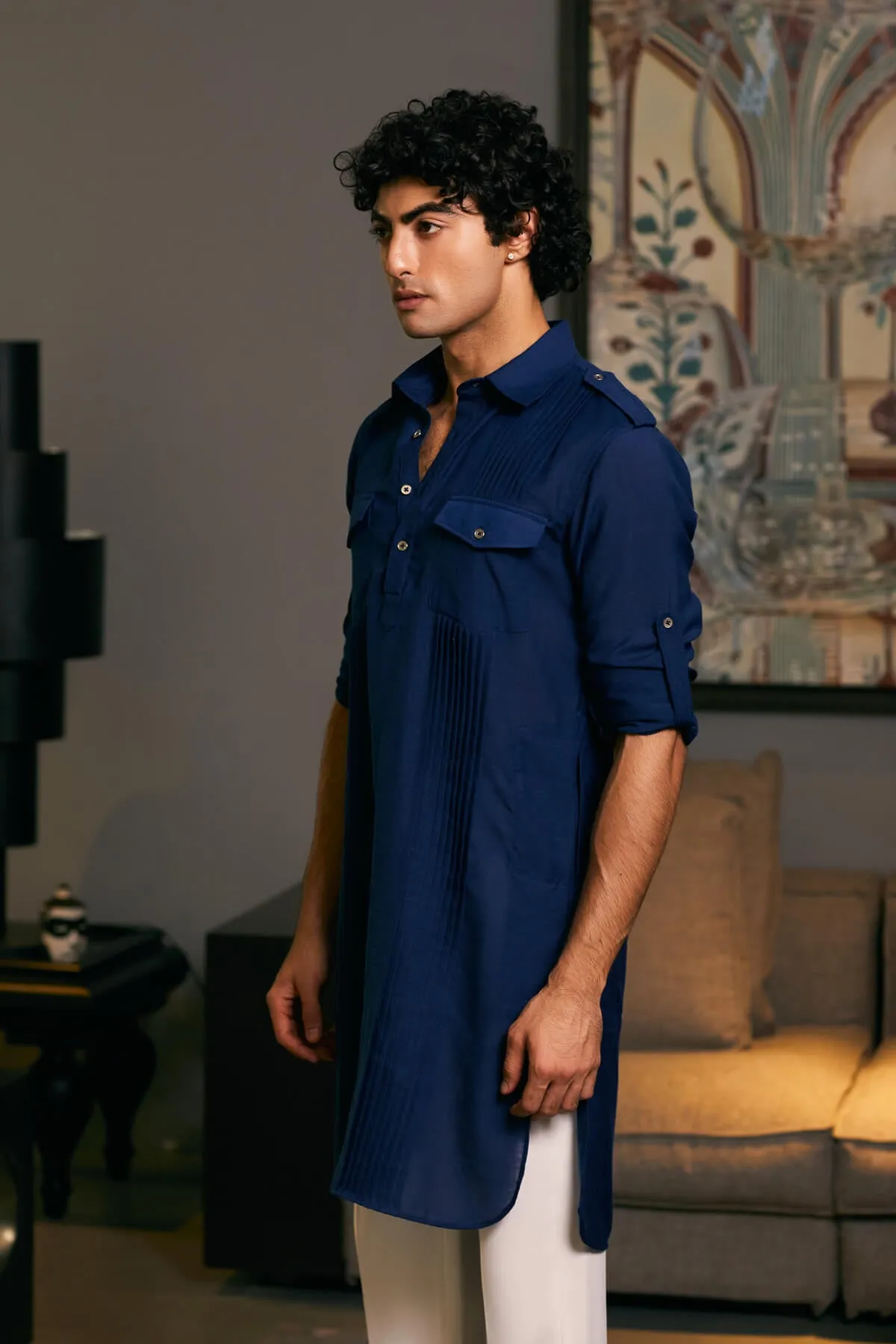 Midnight blue blended linen pintuck kurta