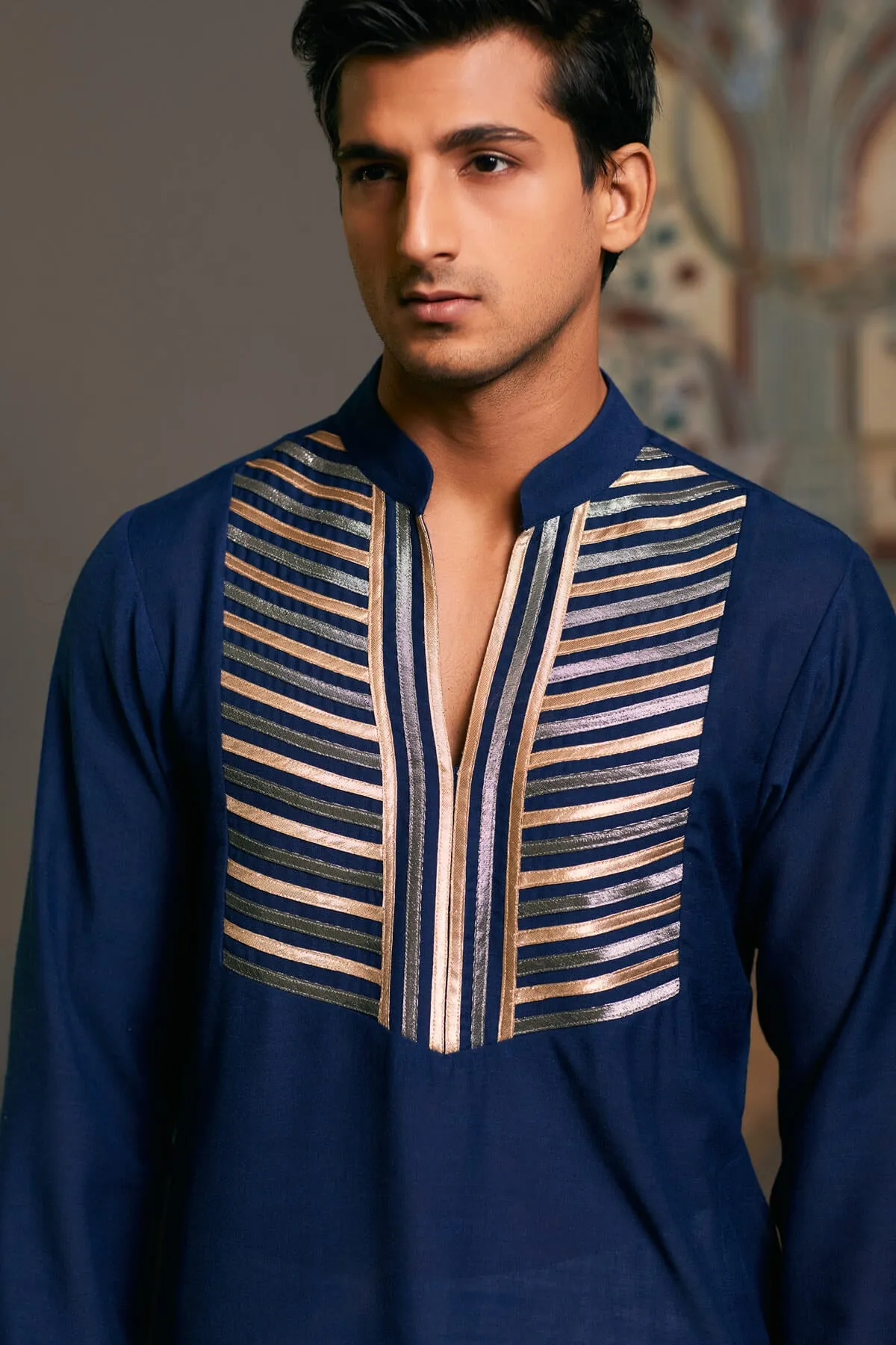 Navy blue metallic strip kurta