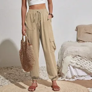 NEW Women Fashion Casual Solid Color High Waist Casual Pants Pocket Side Drawstring Hem Casual Pants Women Elastic, Khaki, Sz L