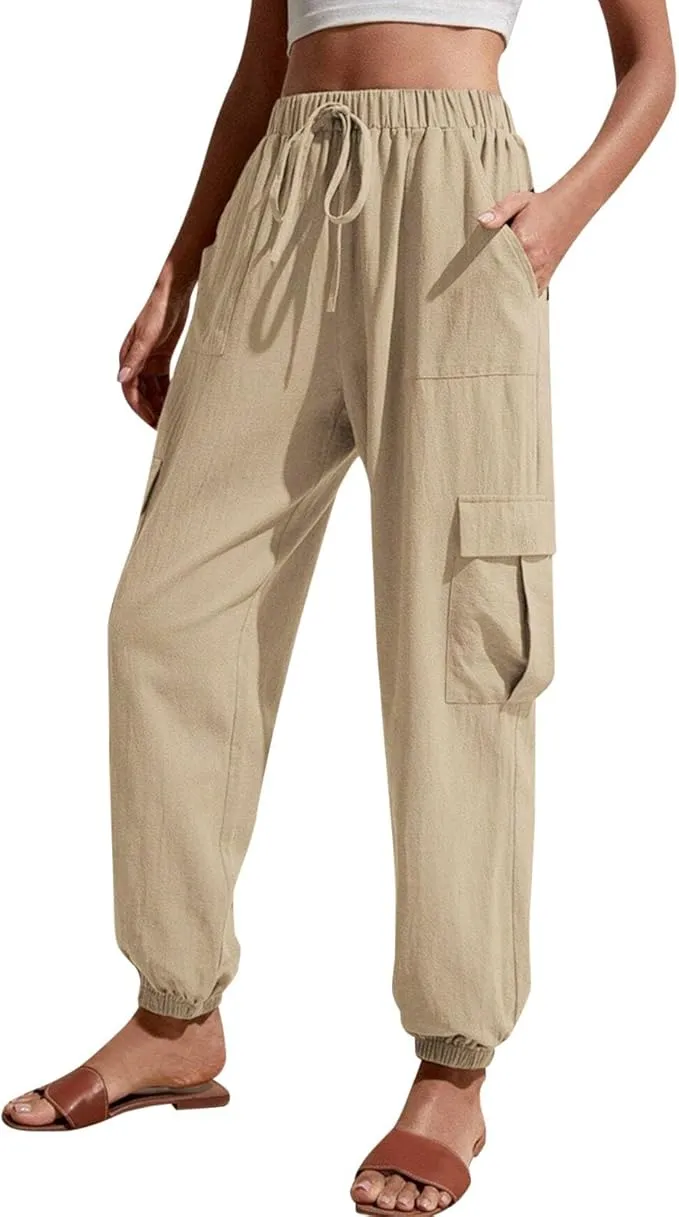 NEW Women Fashion Casual Solid Color High Waist Casual Pants Pocket Side Drawstring Hem Casual Pants Women Elastic, Khaki, Sz L