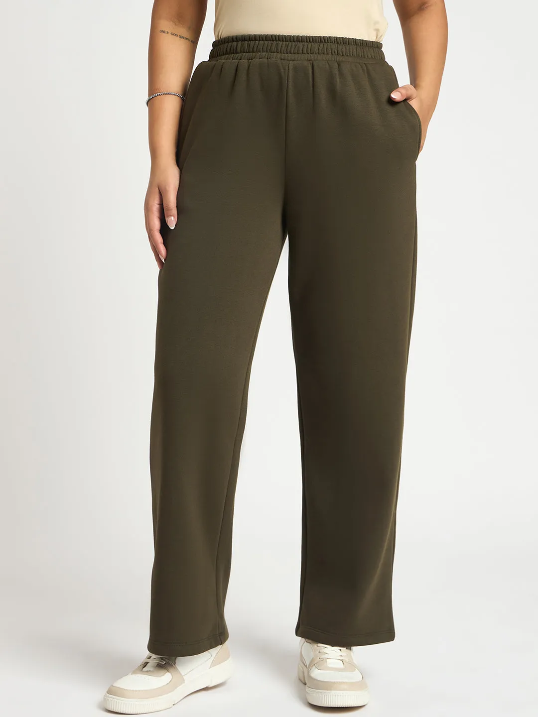 Olive Straight Fit Fleece Track Pants