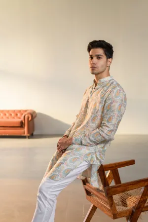 Paisley Cream White - Russian Silk- Ganganagry Kurta For Men