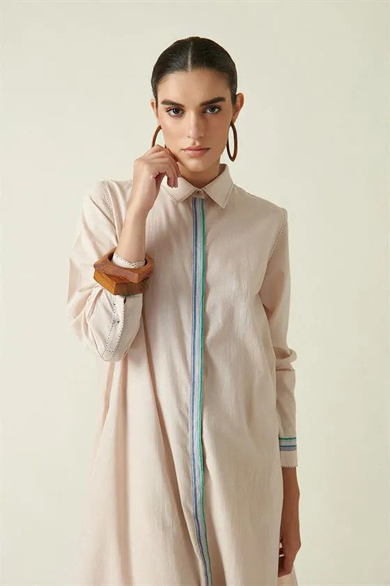 Payal Pratap   I   Port Credit Piper Stripe Tunic Cotton Handloom Beige/Green stripe Transition Edit 4T-5