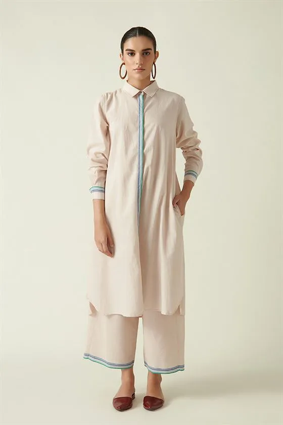 Payal Pratap   I   Port Credit Piper Stripe Tunic Cotton Handloom Beige/Green stripe Transition Edit 4T-5