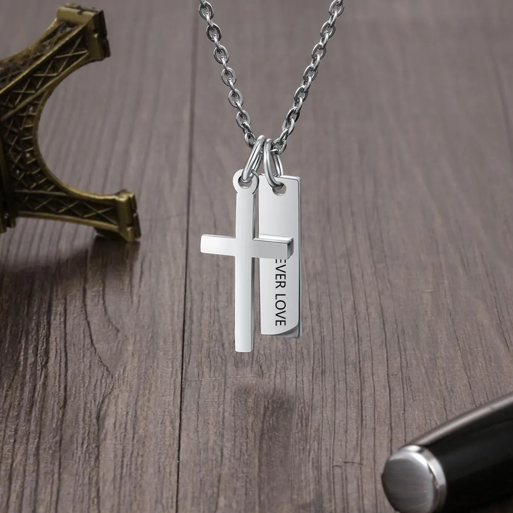 Personalized Stainless Steel Customized Cross & Name Engraved Vertical Bar Pendant Necklace, Trendy Jewelry Gift