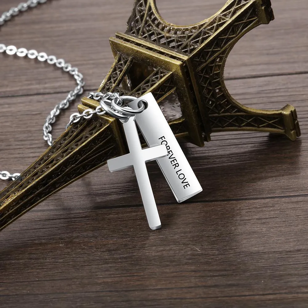 Personalized Stainless Steel Customized Cross & Name Engraved Vertical Bar Pendant Necklace, Trendy Jewelry Gift