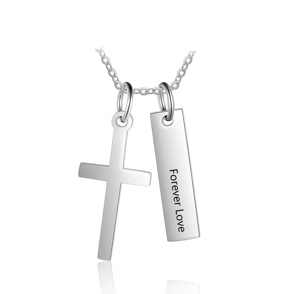 Personalized Stainless Steel Customized Cross & Name Engraved Vertical Bar Pendant Necklace, Trendy Jewelry Gift