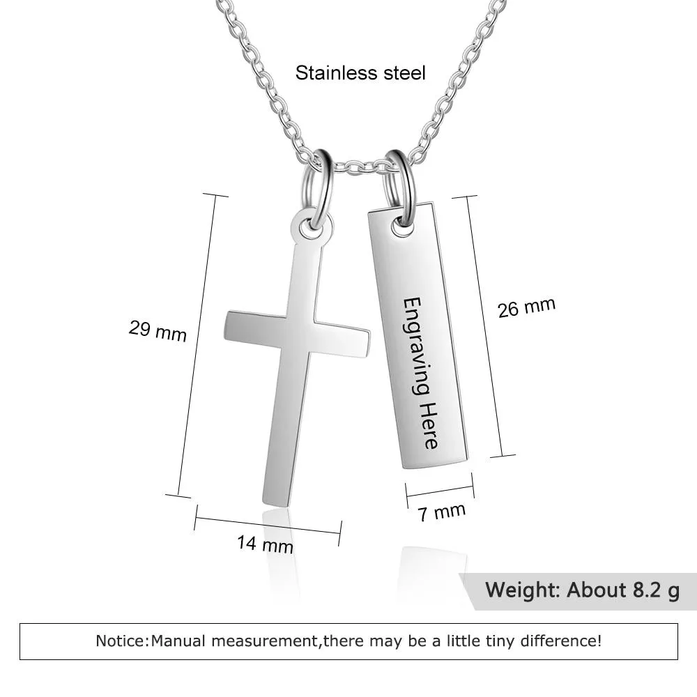 Personalized Stainless Steel Customized Cross & Name Engraved Vertical Bar Pendant Necklace, Trendy Jewelry Gift