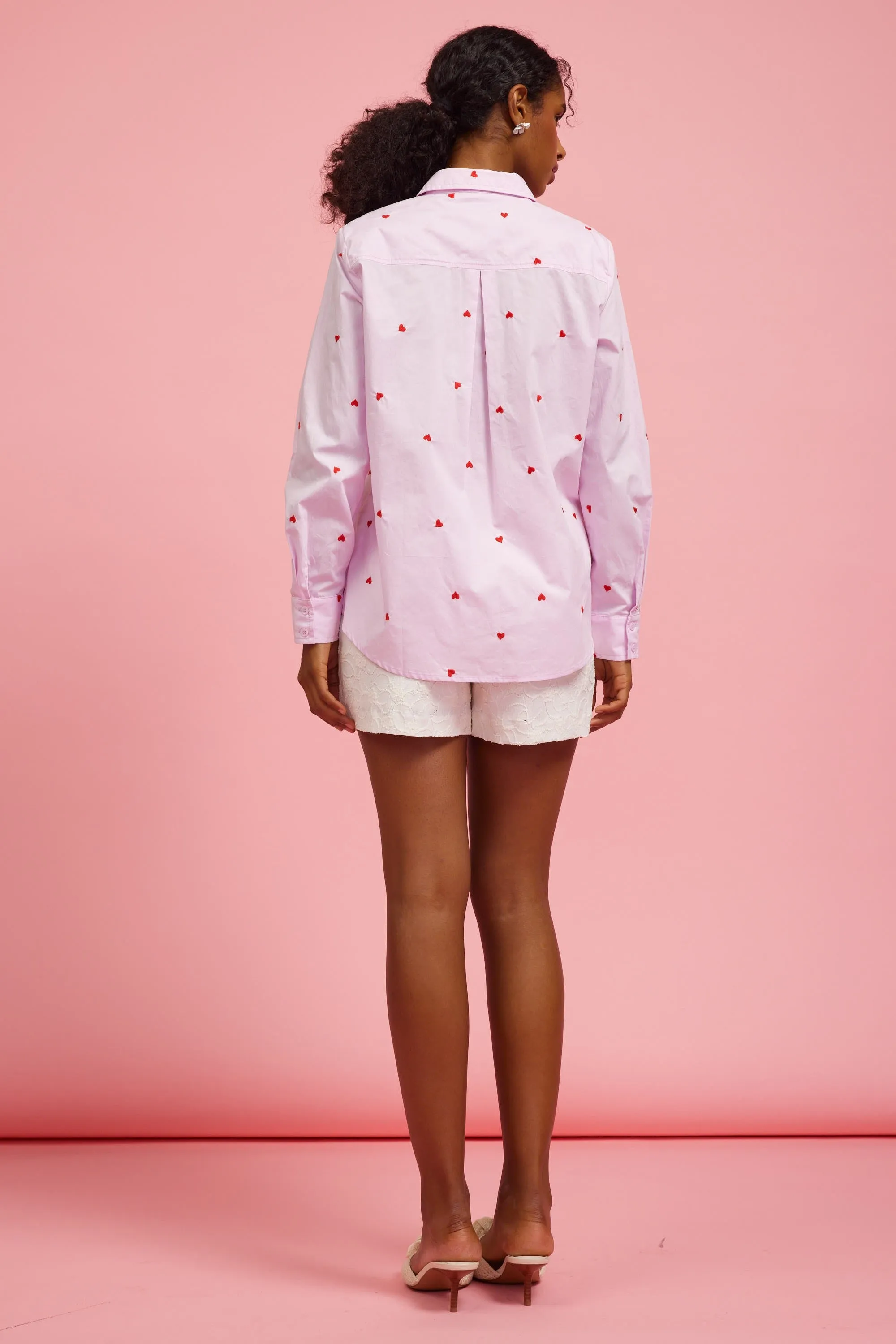 Poplin Heart Embroidery Shirt - Lavender/Red