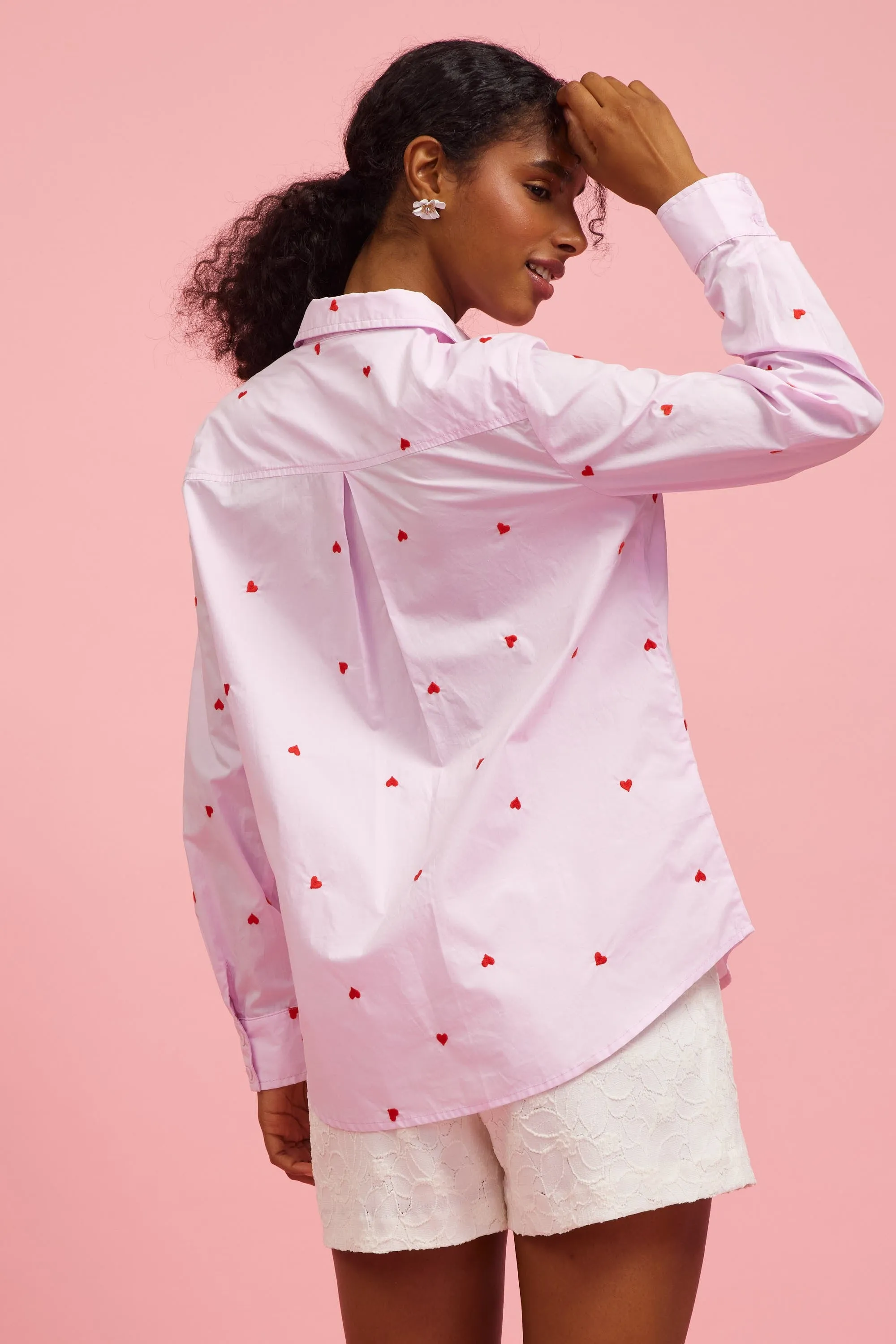 Poplin Heart Embroidery Shirt - Lavender/Red