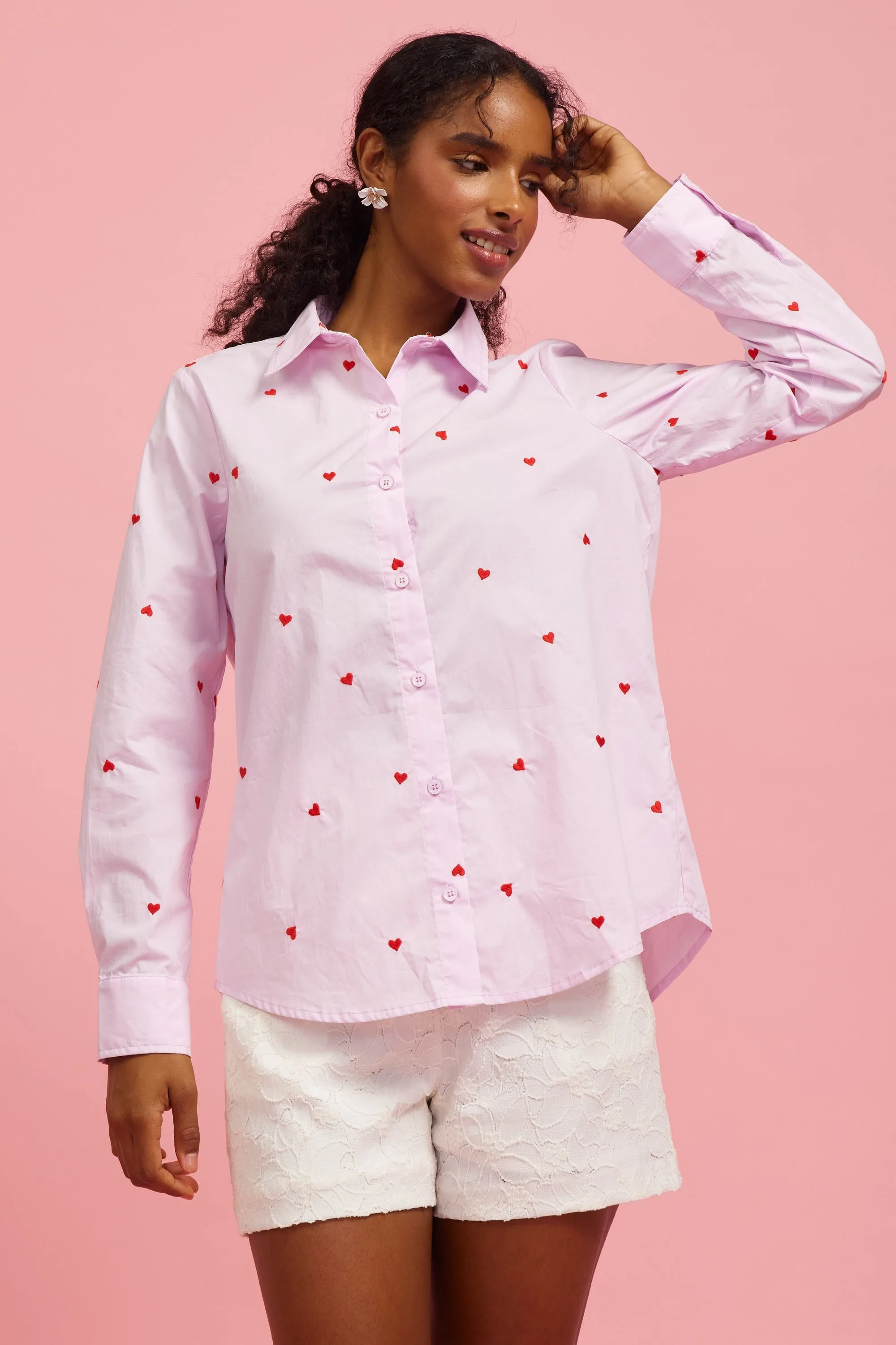 Poplin Heart Embroidery Shirt - Lavender/Red