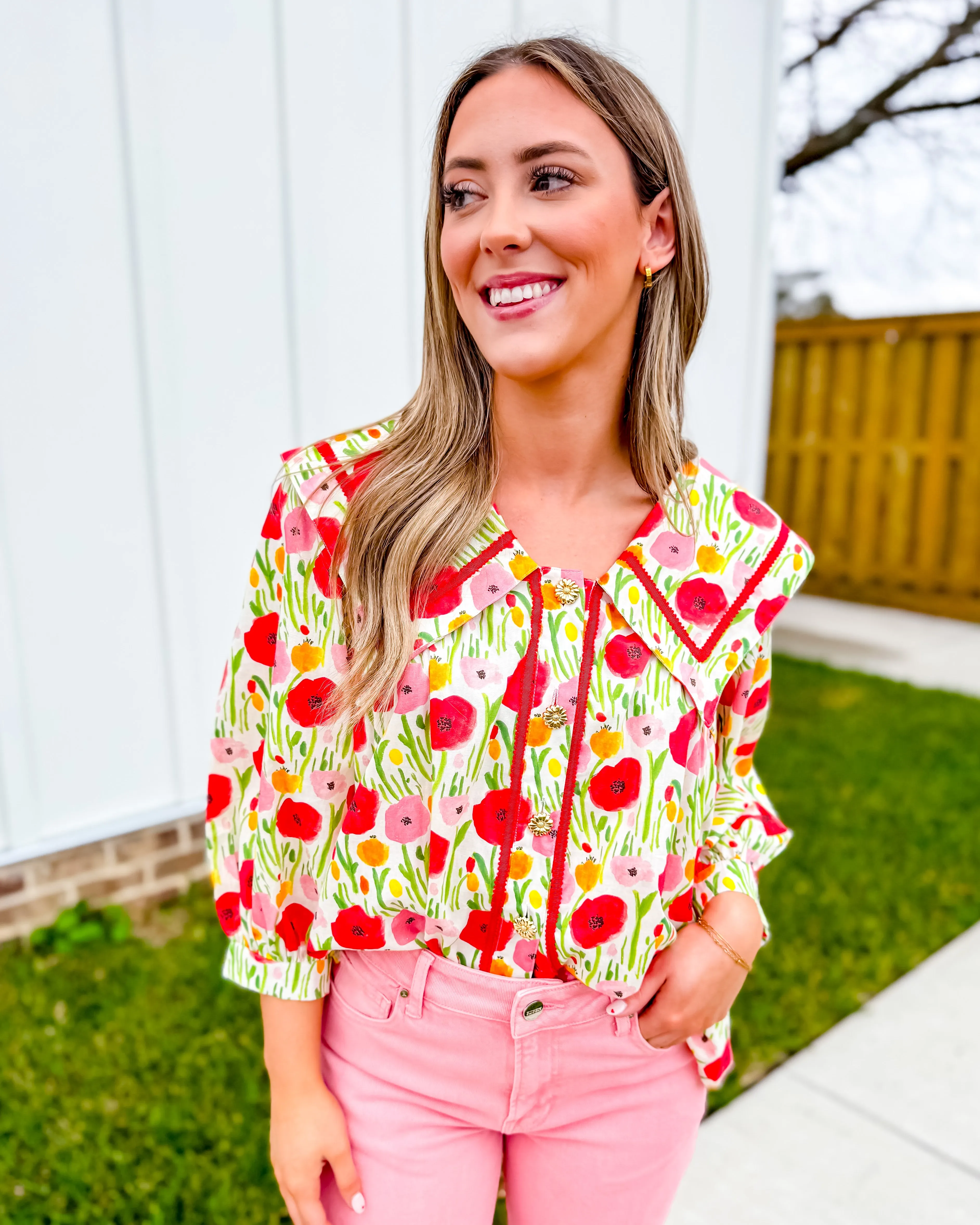 Poppy Print 3/4 Sleeve Top With Oversized Collar
