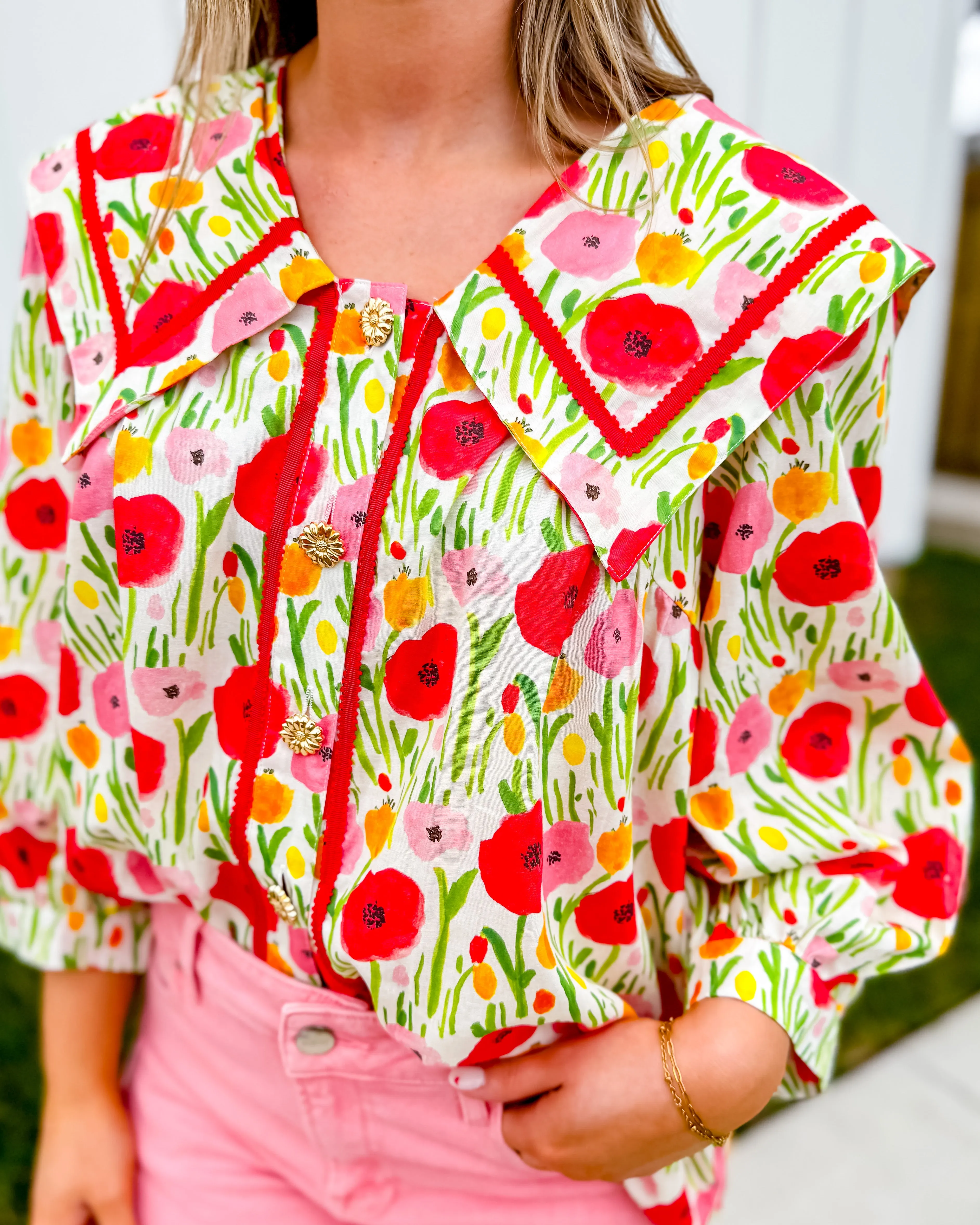 Poppy Print 3/4 Sleeve Top With Oversized Collar