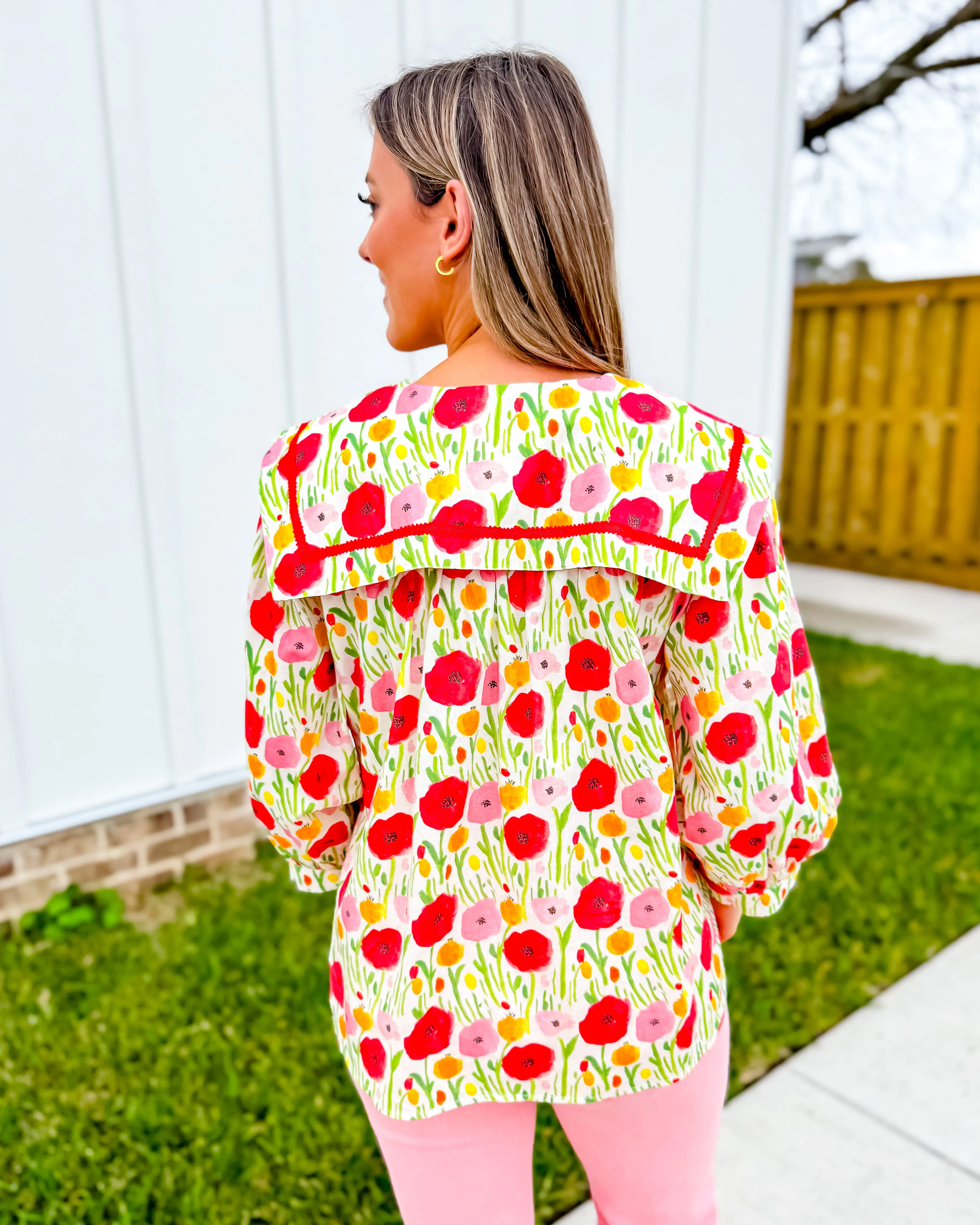 Poppy Print 3/4 Sleeve Top With Oversized Collar