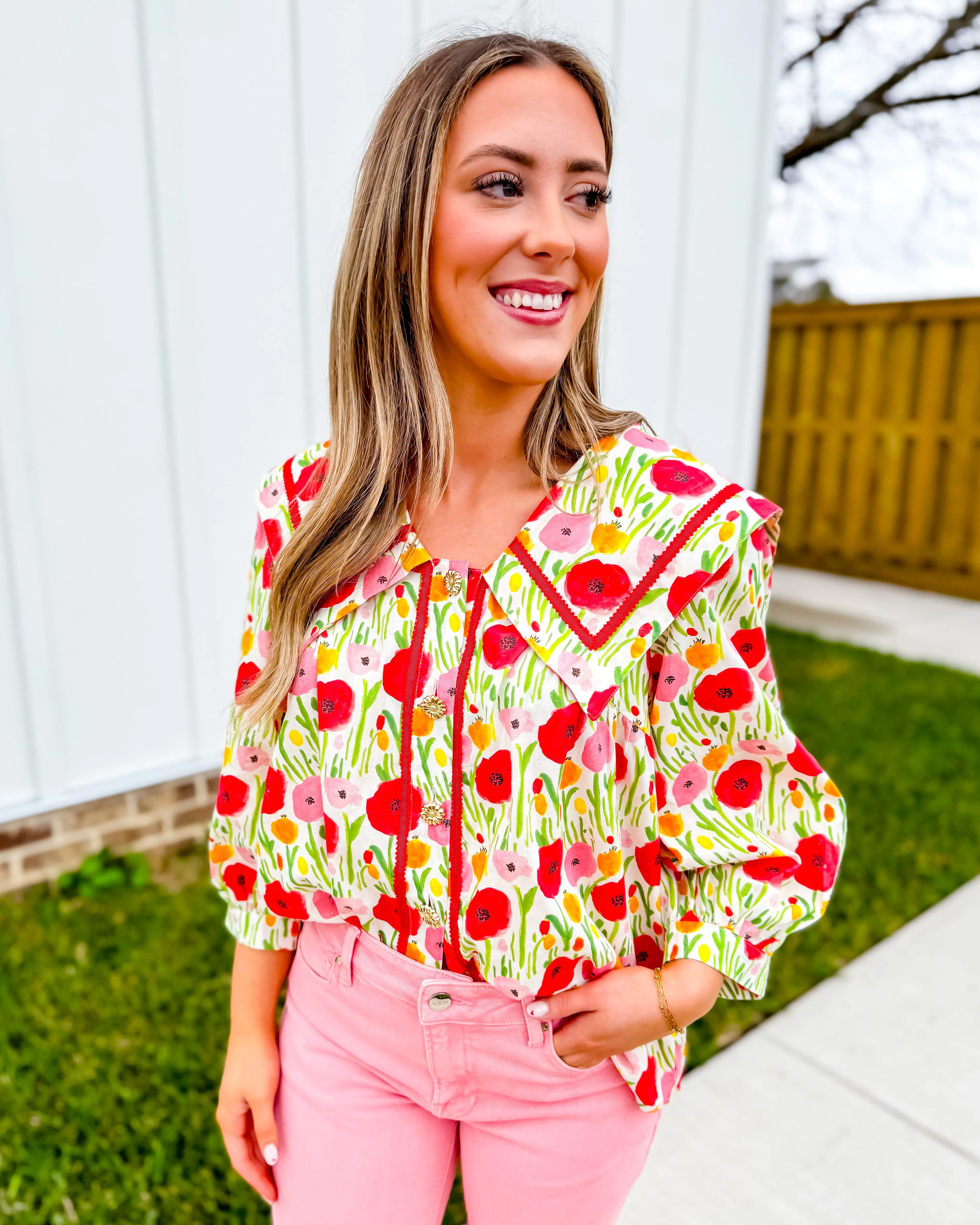 Poppy Print 3/4 Sleeve Top With Oversized Collar