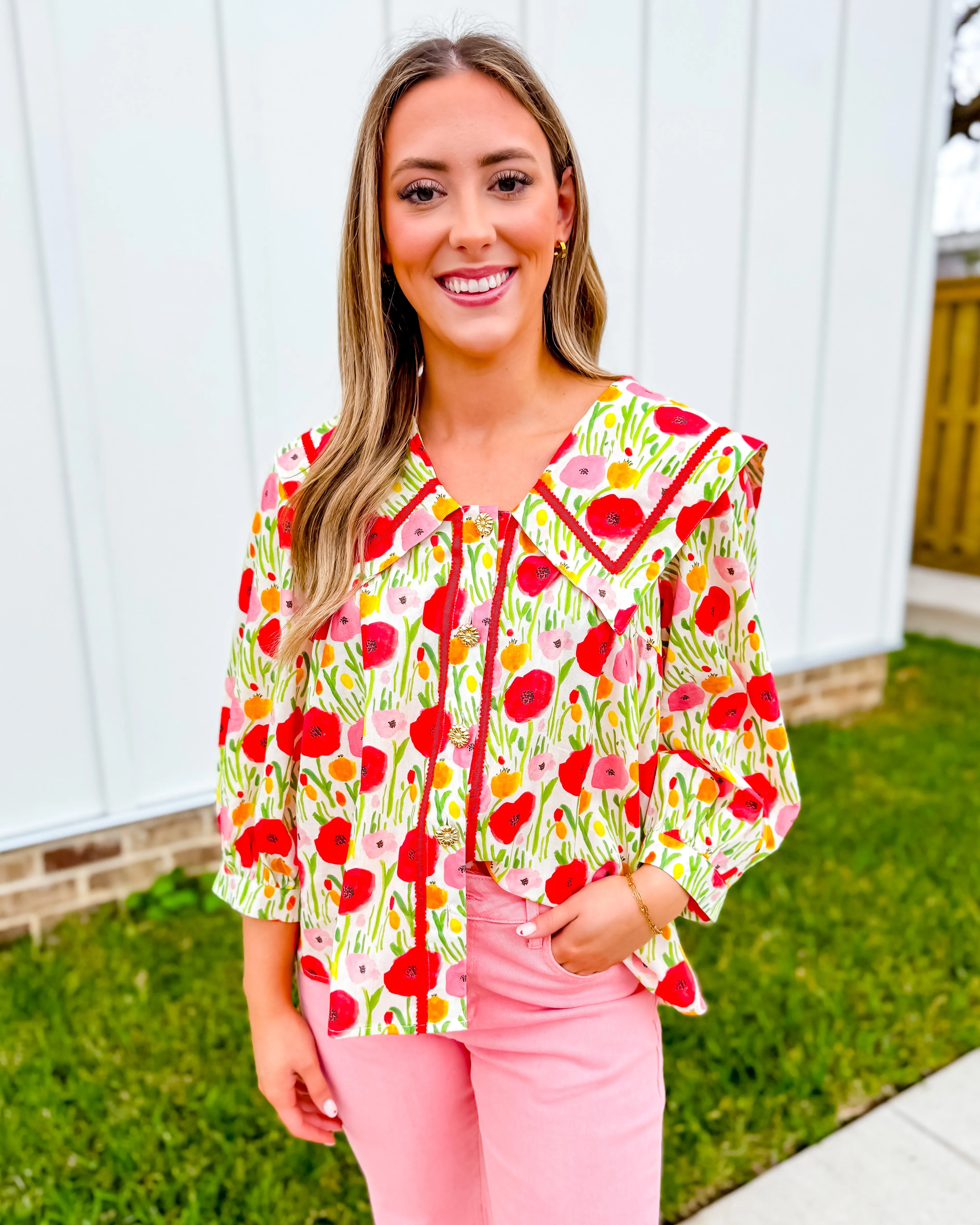 Poppy Print 3/4 Sleeve Top With Oversized Collar