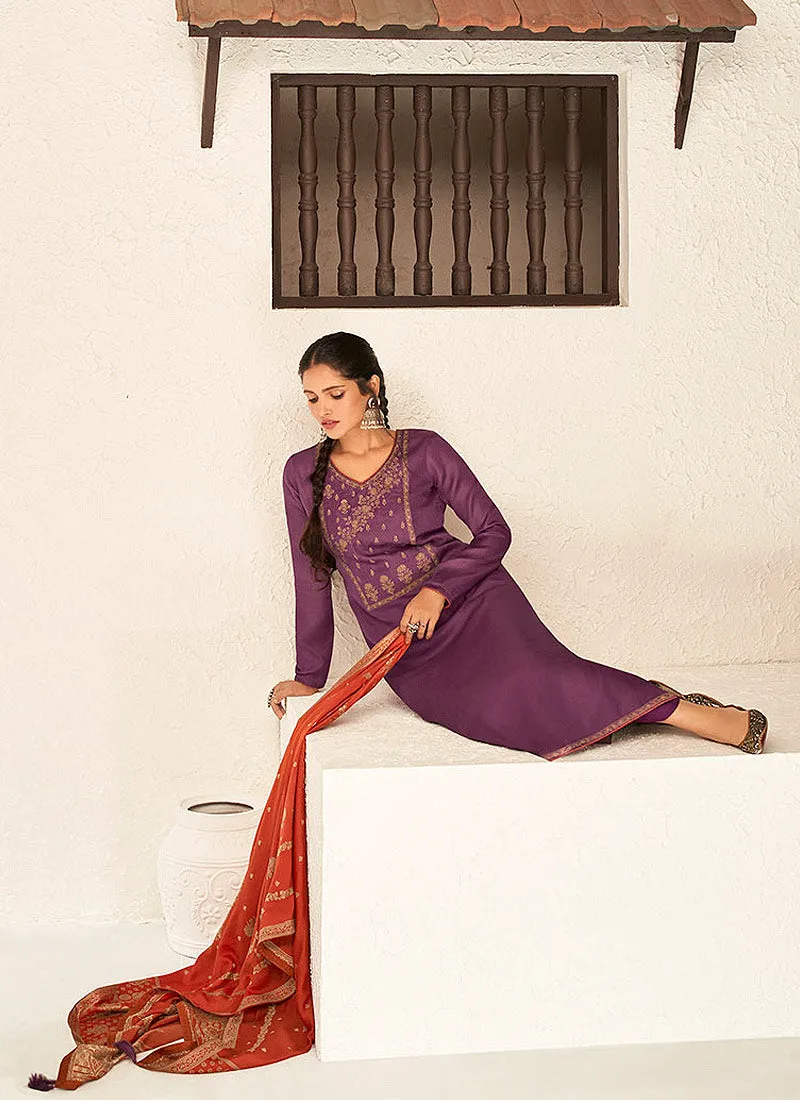 Purple And Orange Embellished Pant Suit
