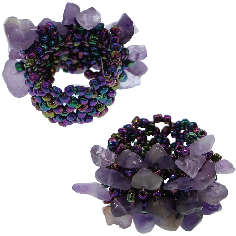 Purple Faux Crystal Seed Bead Elastic Ring