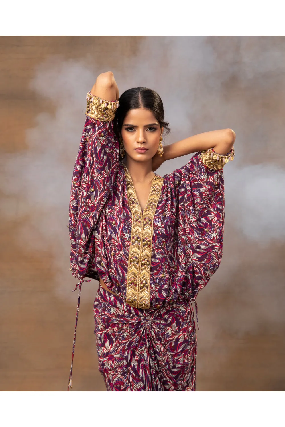 Purple Printed Embroidered Batwing Top With Draped Skirt Set