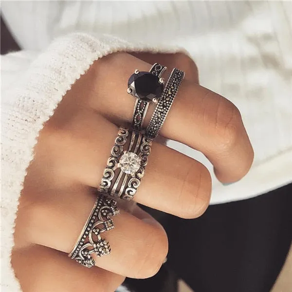 Rings Opal Women Bohemian Vintage Crown Wave Flower Heart Leaf Crystal Joint Party Silver Ring Sets