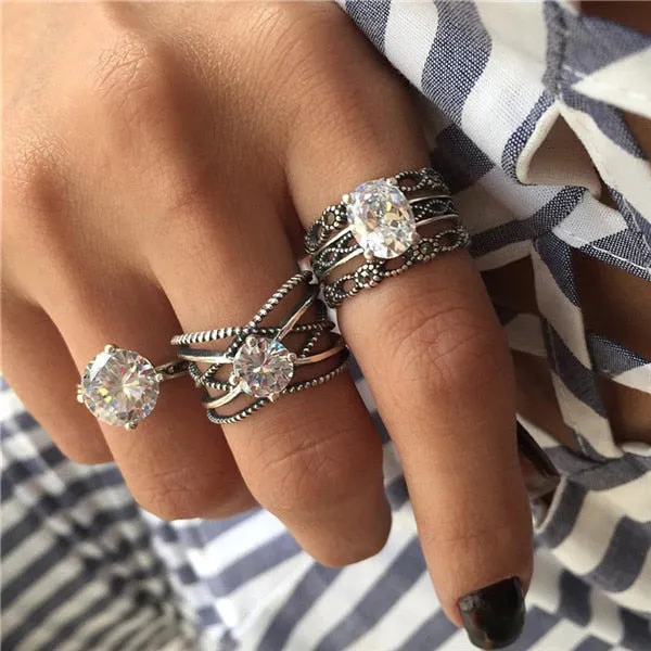 Rings Opal Women Bohemian Vintage Crown Wave Flower Heart Leaf Crystal Joint Party Silver Ring Sets