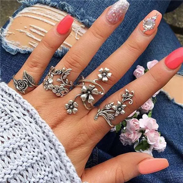 Rings Opal Women Bohemian Vintage Crown Wave Flower Heart Leaf Crystal Joint Party Silver Ring Sets
