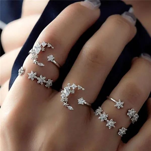 Rings Opal Women Bohemian Vintage Crown Wave Flower Heart Leaf Crystal Joint Party Silver Ring Sets