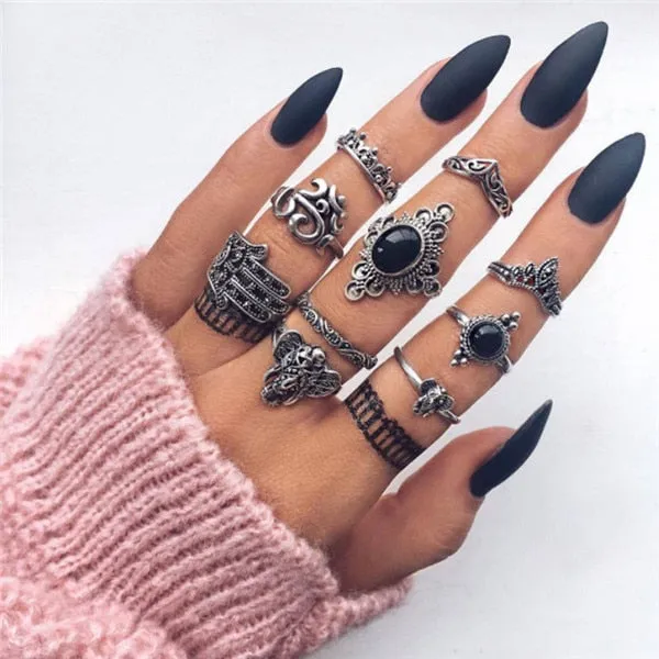 Rings Opal Women Bohemian Vintage Crown Wave Flower Heart Leaf Crystal Joint Party Silver Ring Sets