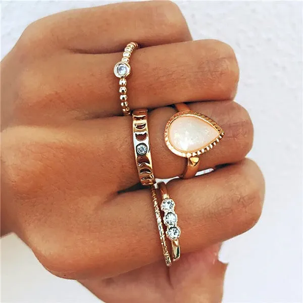 Rings Opal Women Bohemian Vintage Crown Wave Flower Heart Leaf Crystal Joint Party Silver Ring Sets