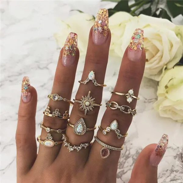 Rings Opal Women Bohemian Vintage Crown Wave Flower Heart Leaf Crystal Joint Party Silver Ring Sets
