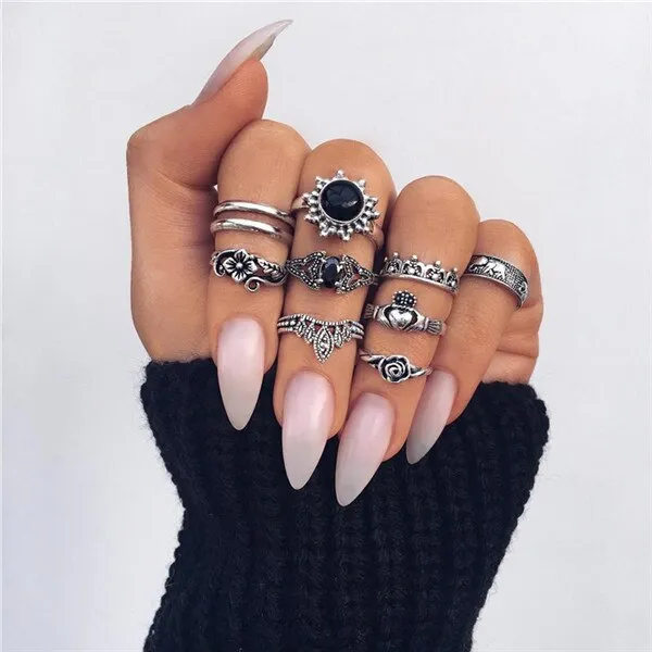 Rings Opal Women Bohemian Vintage Crown Wave Flower Heart Leaf Crystal Joint Party Silver Ring Sets