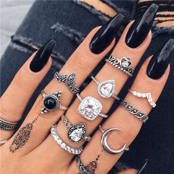 Rings Opal Women Bohemian Vintage Crown Wave Flower Heart Leaf Crystal Joint Party Silver Ring Sets