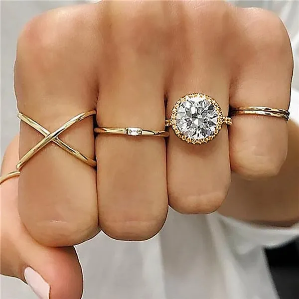 Rings Opal Women Bohemian Vintage Crown Wave Flower Heart Leaf Crystal Joint Party Silver Ring Sets
