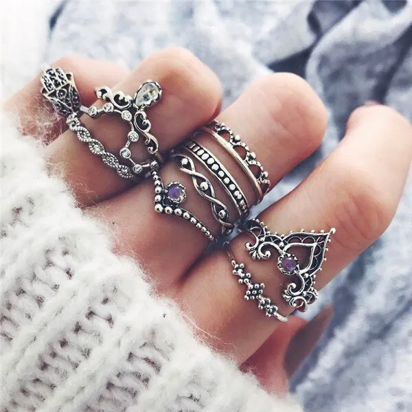 Rings Opal Women Bohemian Vintage Crown Wave Flower Heart Leaf Crystal Joint Party Silver Ring Sets