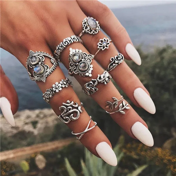 Rings Opal Women Bohemian Vintage Crown Wave Flower Heart Leaf Crystal Joint Party Silver Ring Sets