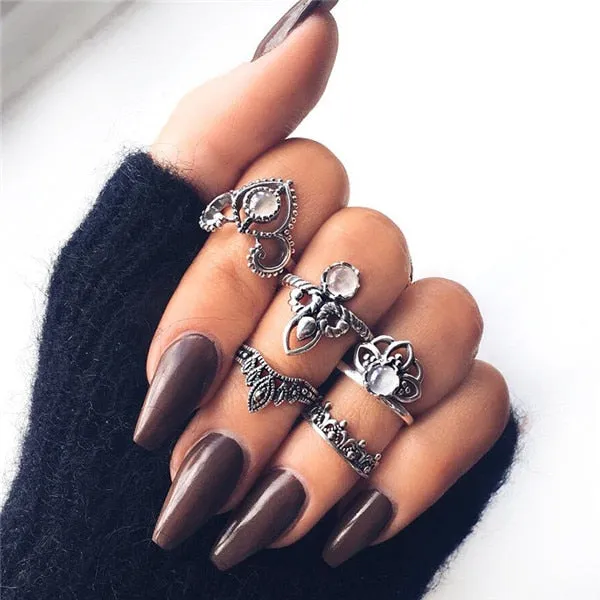 Rings Opal Women Bohemian Vintage Crown Wave Flower Heart Leaf Crystal Joint Party Silver Ring Sets
