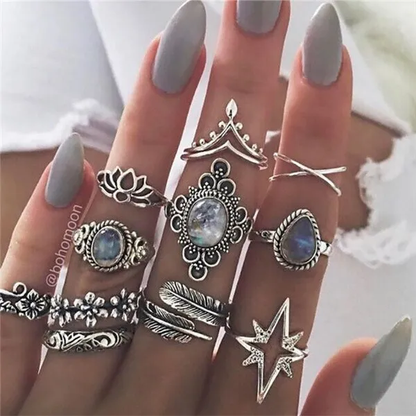 Rings Opal Women Bohemian Vintage Crown Wave Flower Heart Leaf Crystal Joint Party Silver Ring Sets