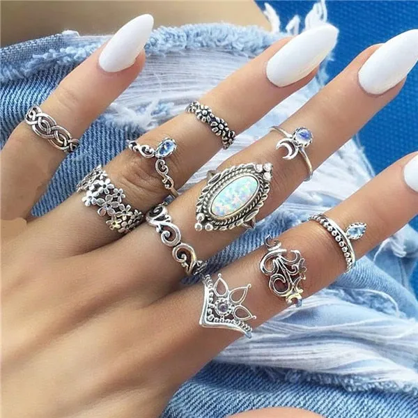 Rings Opal Women Bohemian Vintage Crown Wave Flower Heart Leaf Crystal Joint Party Silver Ring Sets