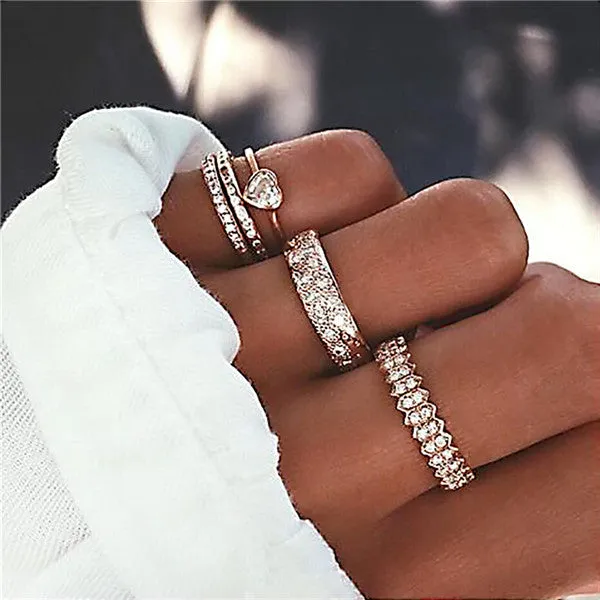 Rings Opal Women Bohemian Vintage Crown Wave Flower Heart Leaf Crystal Joint Party Silver Ring Sets