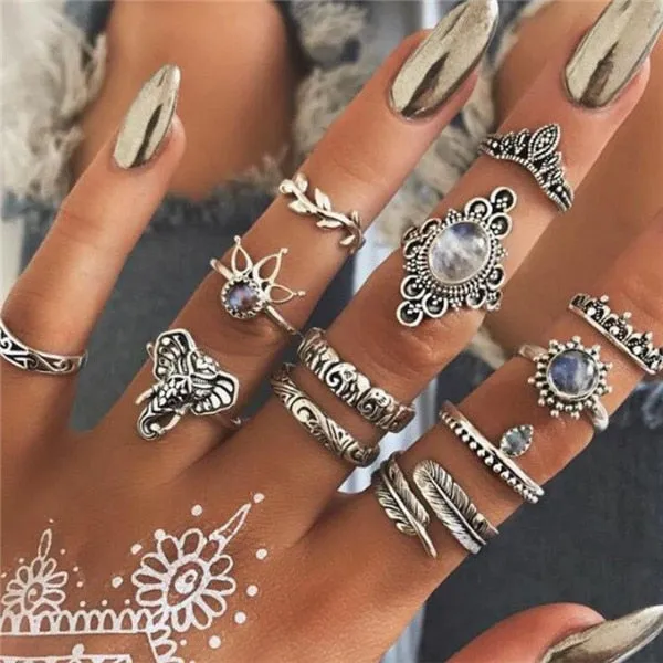 Rings Opal Women Bohemian Vintage Crown Wave Flower Heart Leaf Crystal Joint Party Silver Ring Sets