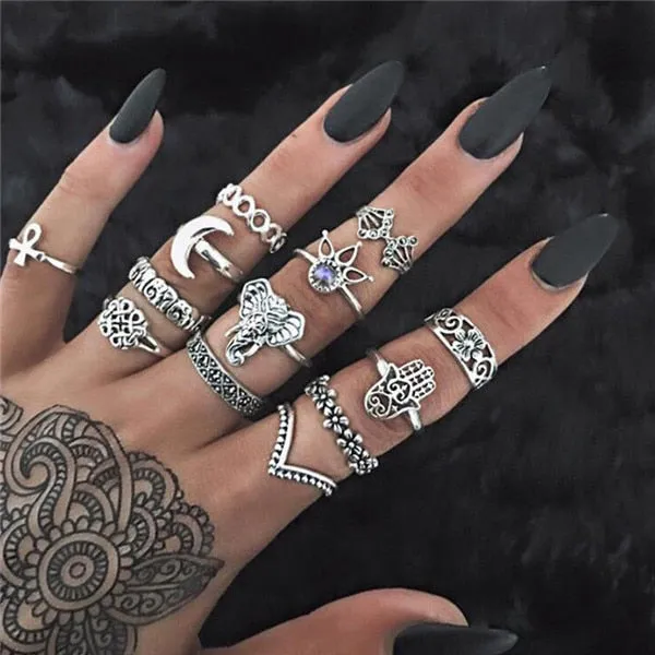 Rings Opal Women Bohemian Vintage Crown Wave Flower Heart Leaf Crystal Joint Party Silver Ring Sets