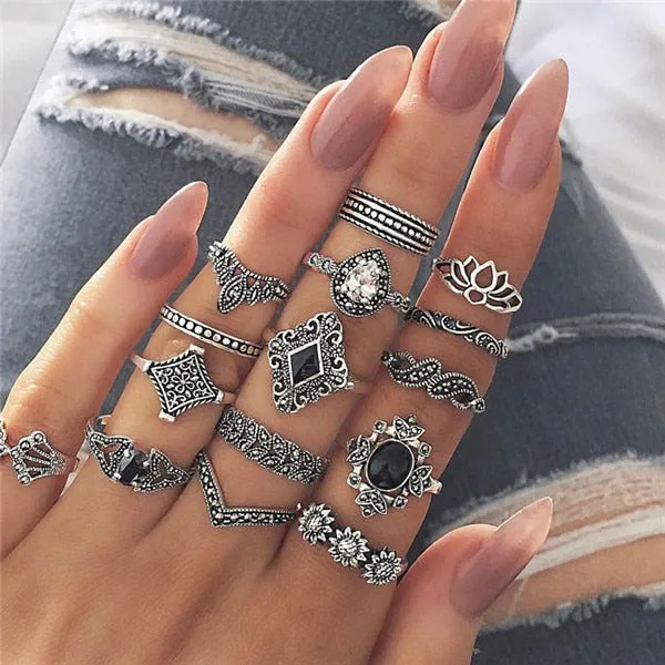 Rings Opal Women Bohemian Vintage Crown Wave Flower Heart Leaf Crystal Joint Party Silver Ring Sets