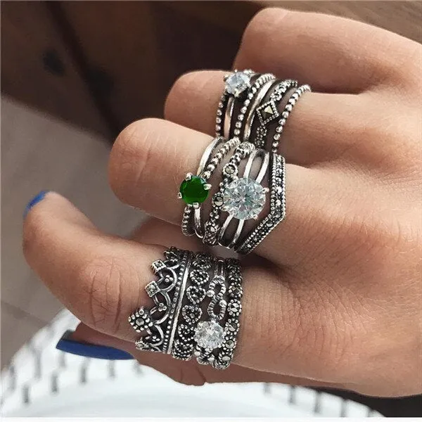 Rings Opal Women Bohemian Vintage Crown Wave Flower Heart Leaf Crystal Joint Party Silver Ring Sets