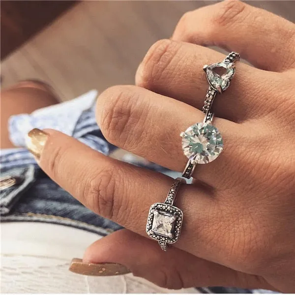 Rings Opal Women Bohemian Vintage Crown Wave Flower Heart Leaf Crystal Joint Party Silver Ring Sets