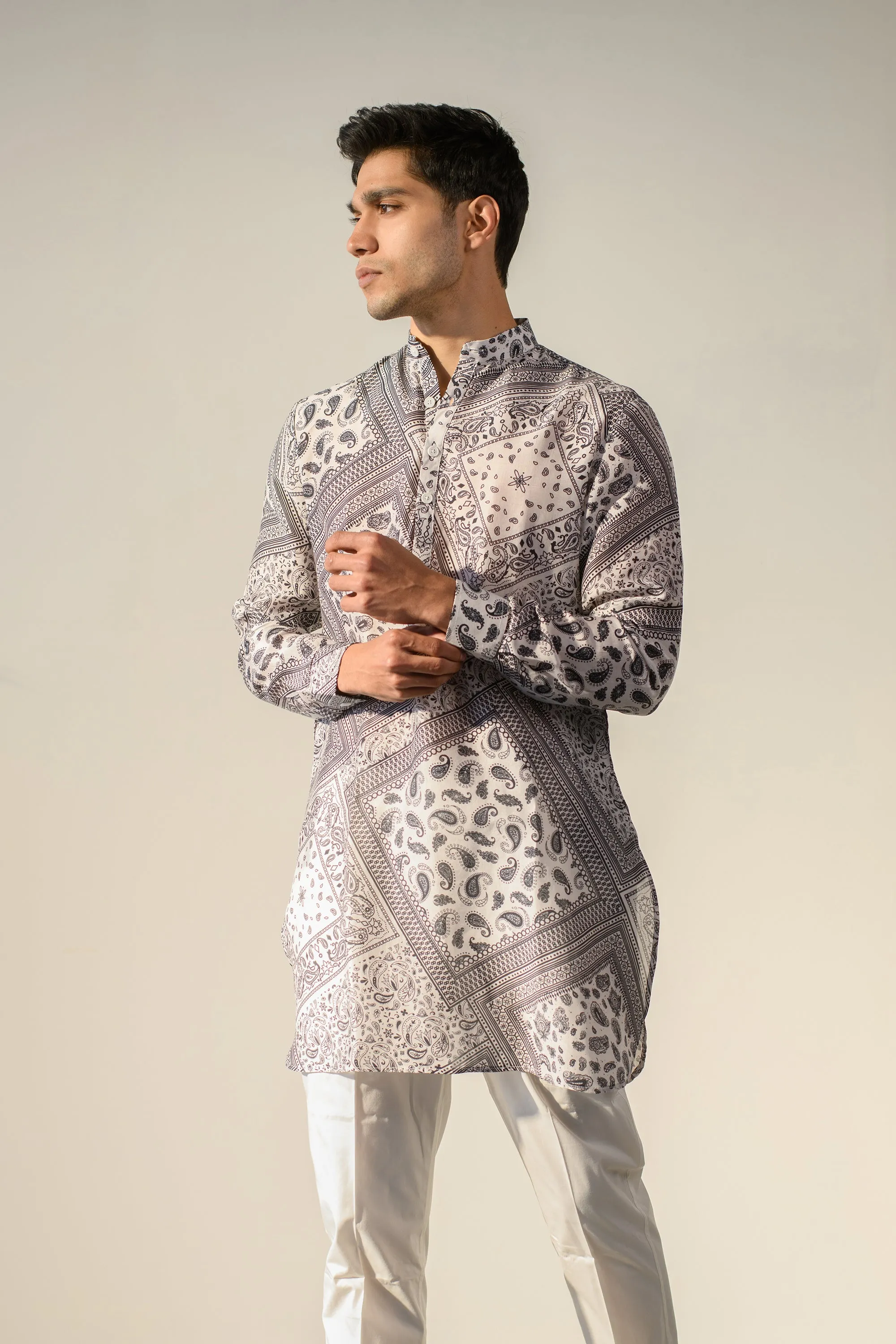 Rustic Boho White Bandana Silk  Ganganagry Kurta For Men